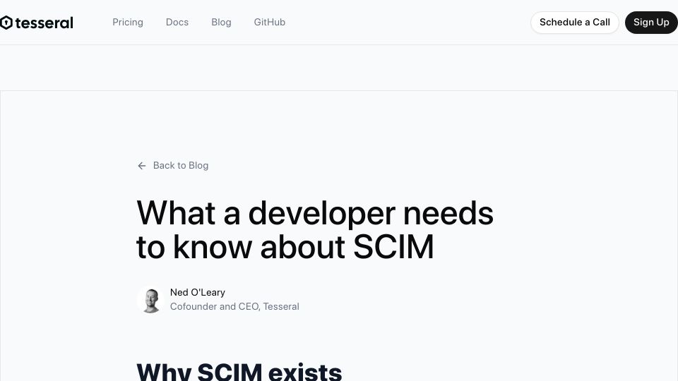Screenshot of tesseral.com: What a developer needs to know about SCIM