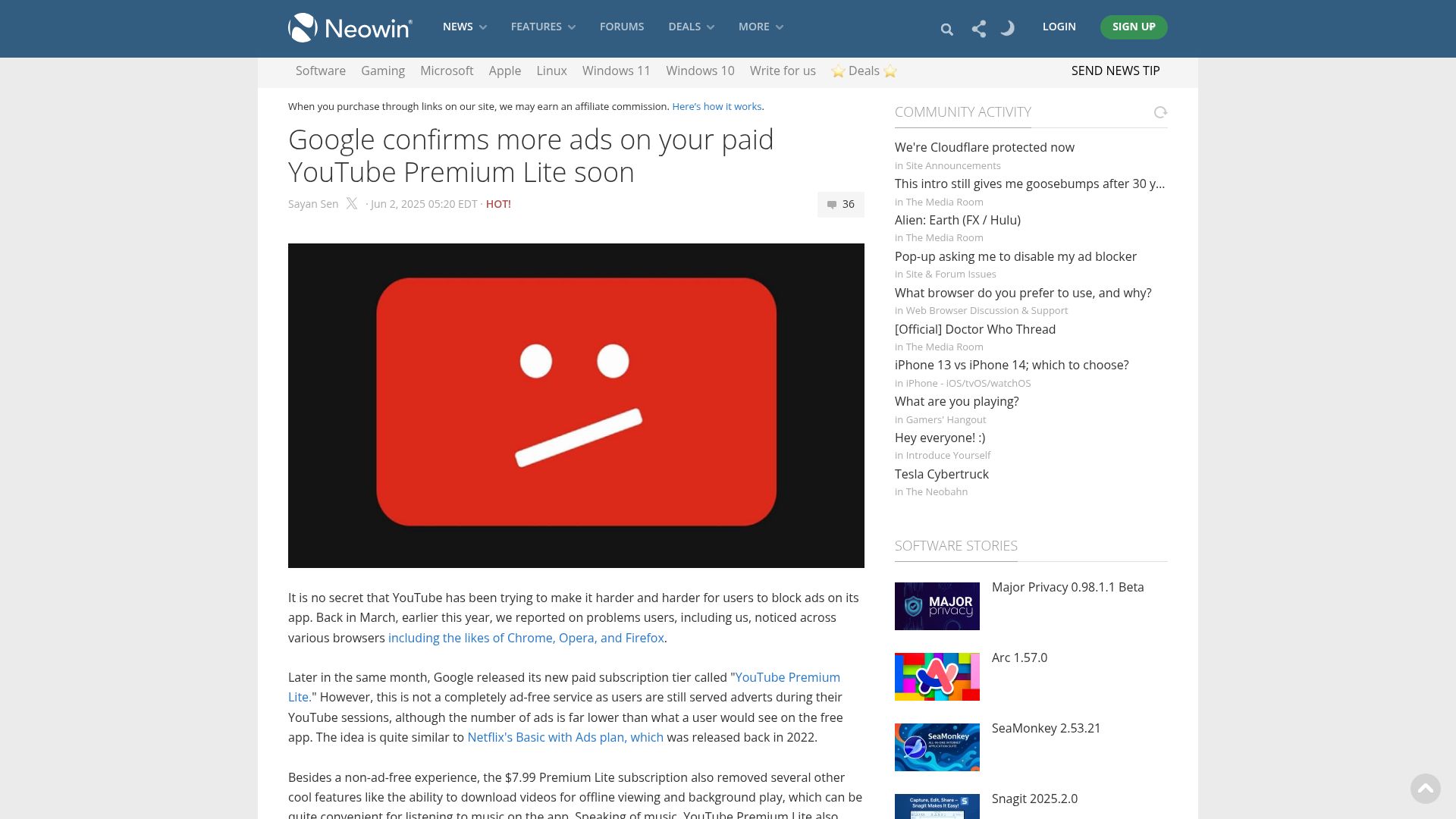 Screenshot of neowin.net: Google confirms more ads on your paid YouTube Premium Lite soon