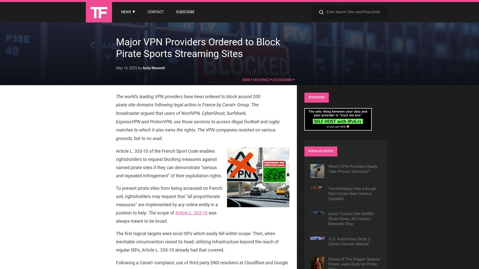 Screenshot of torrentfreak.com: VPN providers in France ordered to block pirate sports IPTV