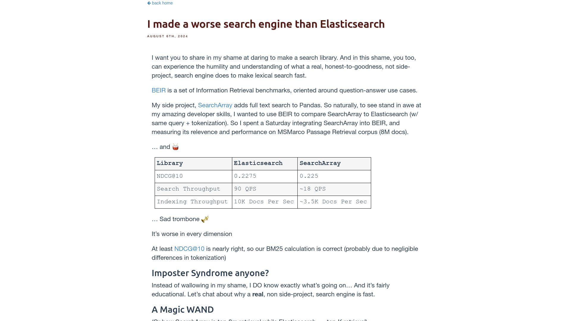 Screenshot of softwaredoug.com: I made a search engine worse than Elasticsearch (2024)