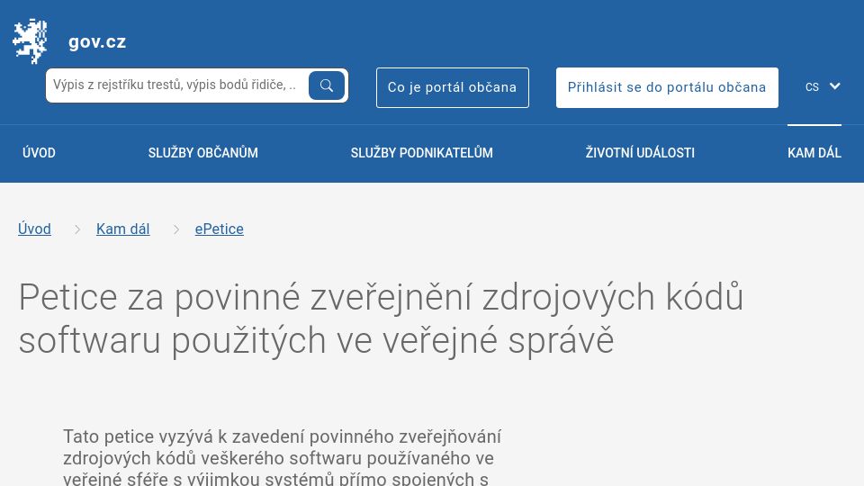 Screenshot of portal.gov.cz: Czech Republic: Petition for open source in public administration