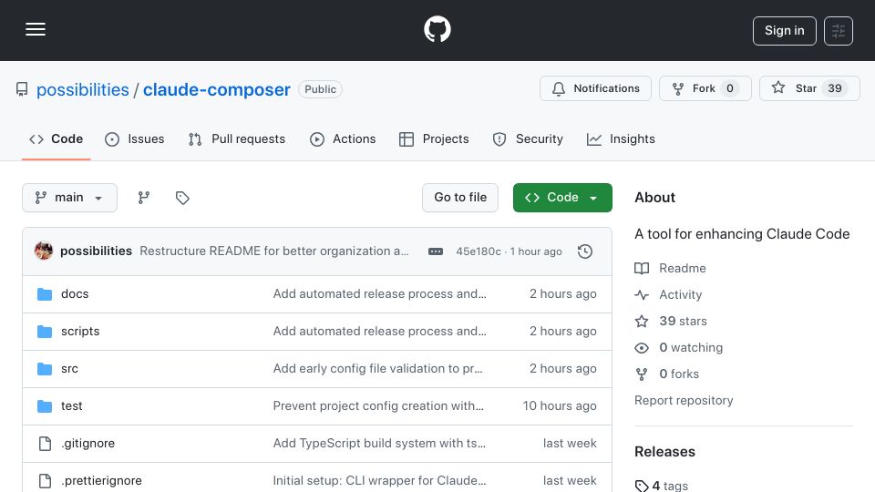 Screenshot of github.com: Show HN: Claude Composer