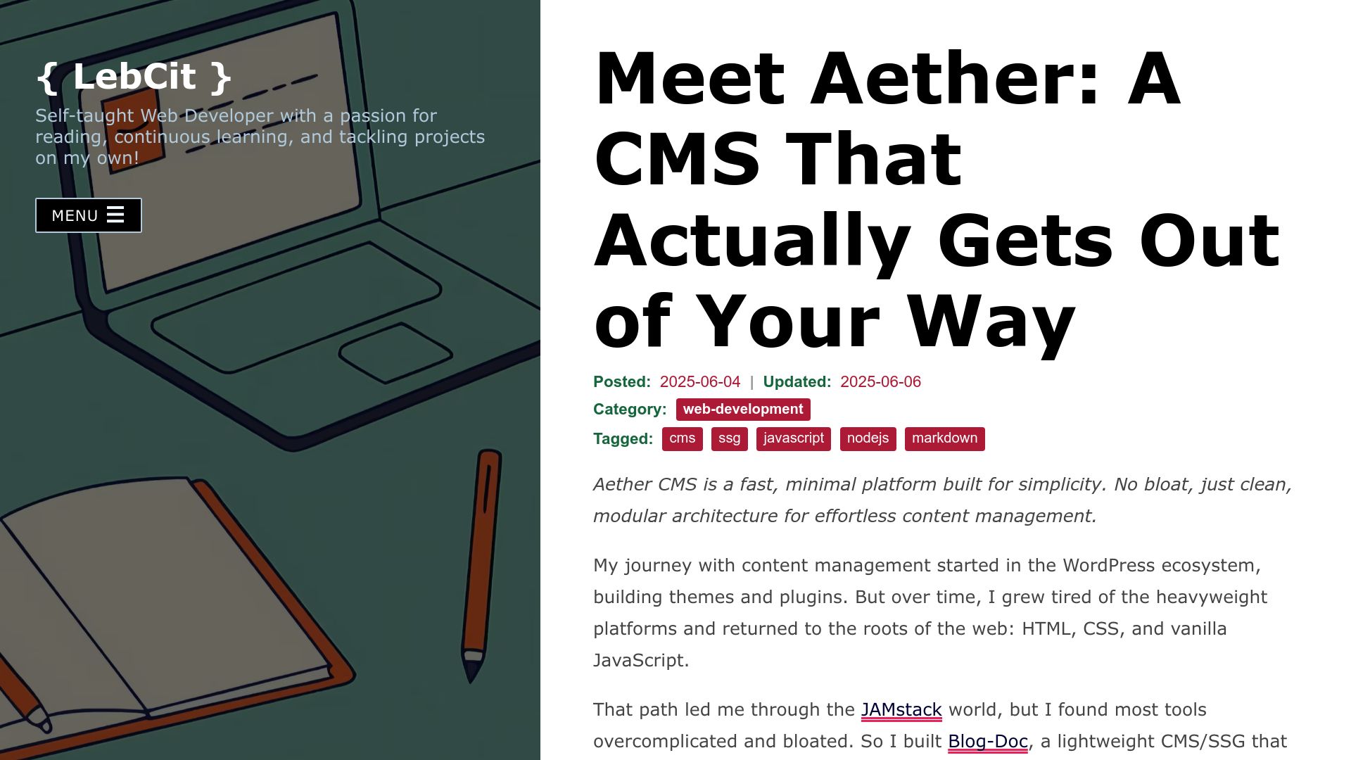 Screenshot of lebcit.github.io: Aether: A CMS That Gets Out of Your Way