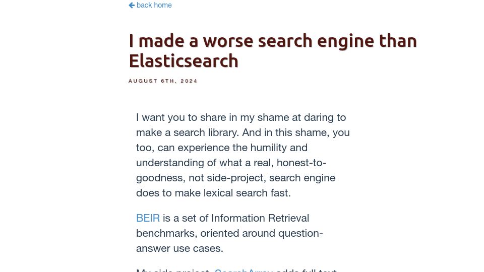 Screenshot of softwaredoug.com: I made a search engine worse than Elasticsearch (2024)