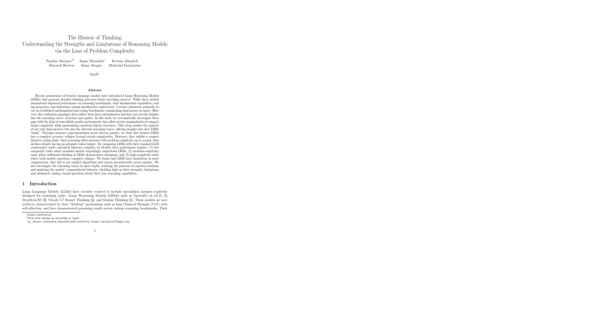 Screenshot of ml-site.cdn-apple.com: The Illusion of Thinking: Understanding the Limitations of Reasoning LLMs [pdf]