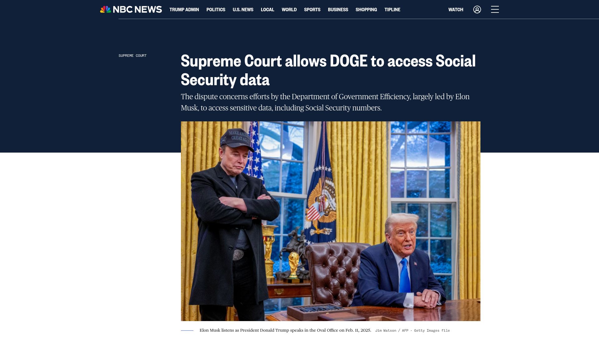 Screenshot of nbcnews.com: Supreme Court allows DOGE to access social security data