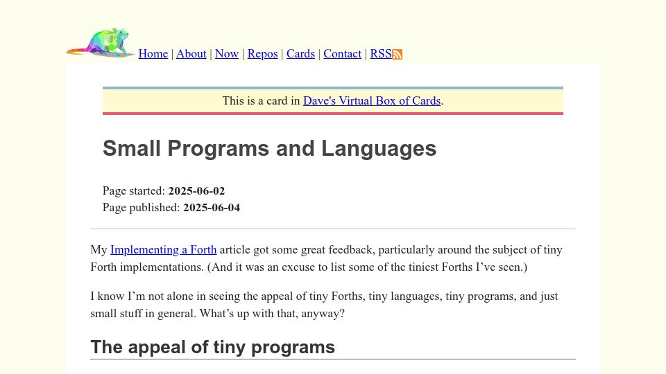 Screenshot of ratfactor.com: Small Programs and Languages
