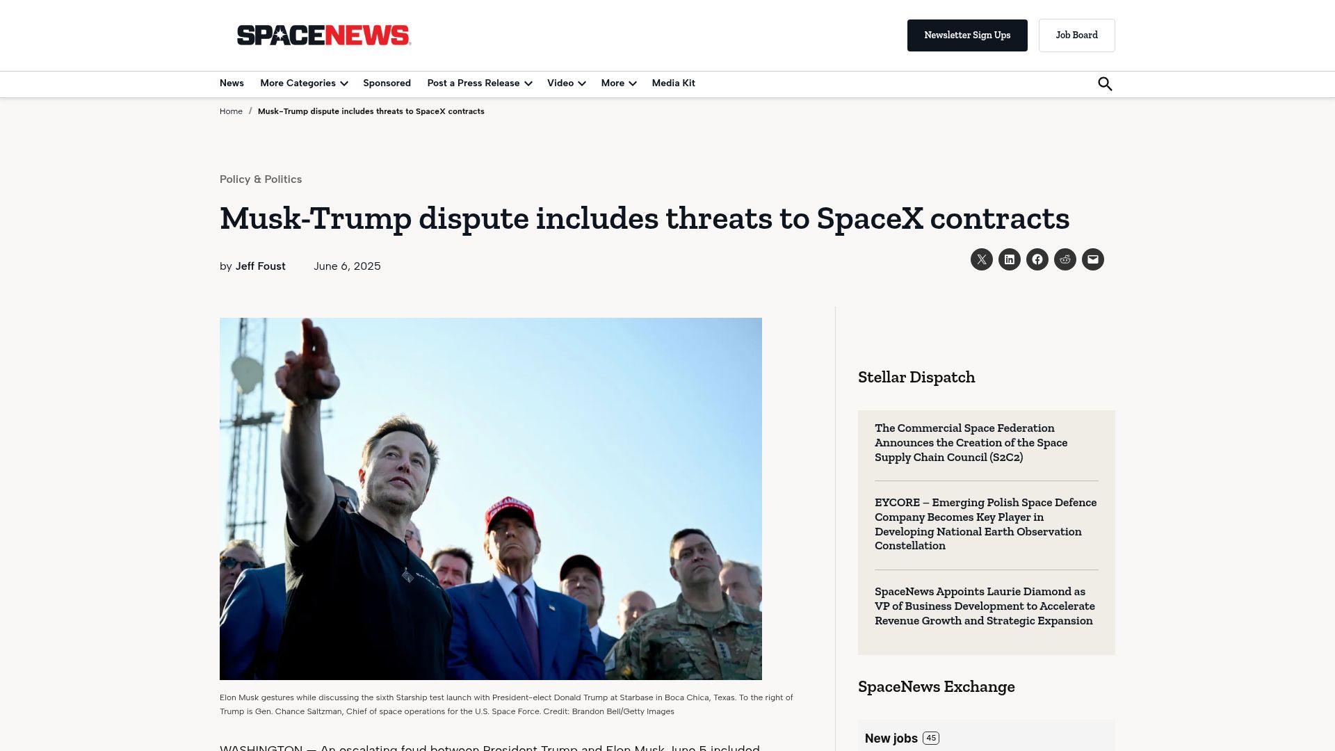 Screenshot of spacenews.com: Musk-Trump dispute includes threats to SpaceX contracts