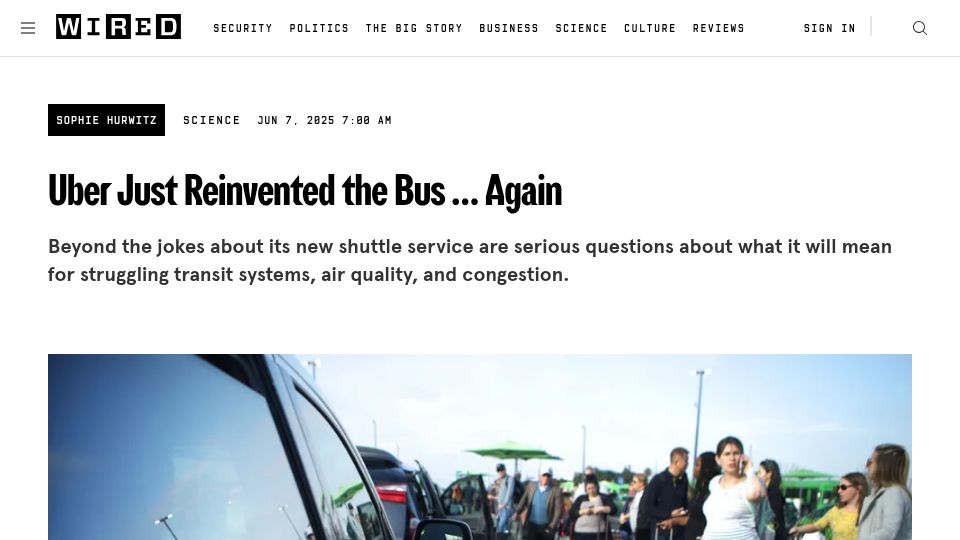 Screenshot of wired.com: Uber Just Reinvented the Bus Again