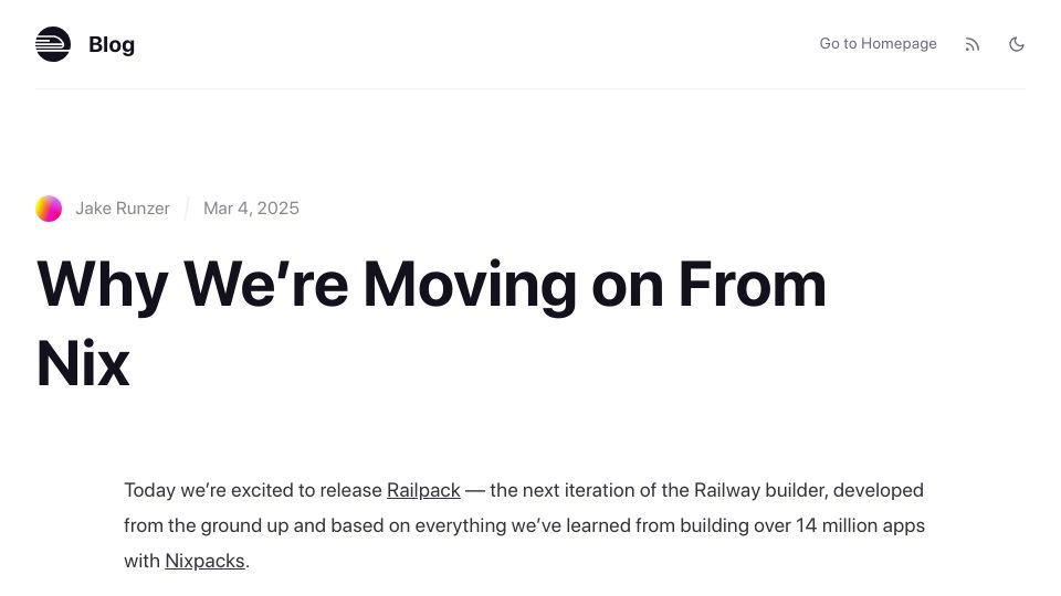 Screenshot of blog.railway.com: Why We're Moving on from Nix