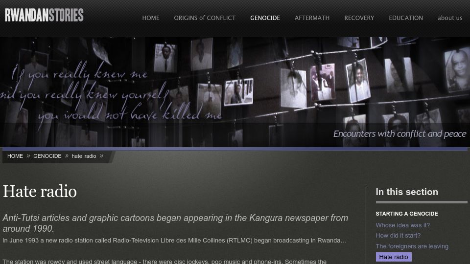 Screenshot of rwandanstories.org: Hate Radio (2011)