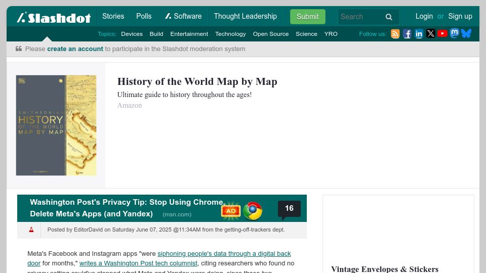 Screenshot of tech.slashdot.org: Washington Post's Privacy Tip: Stop Using Chrome, Delete Meta Apps (and Yandex)