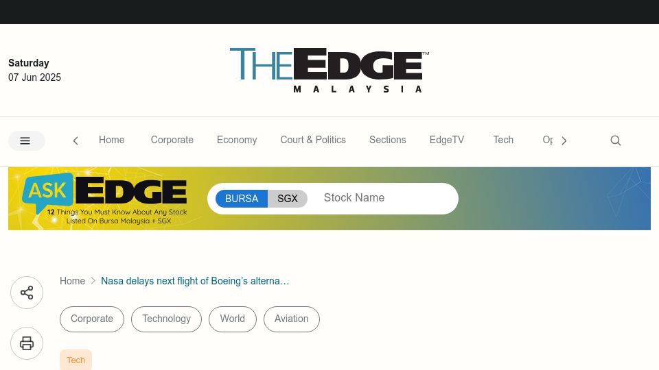 Screenshot of theedgemalaysia.com: NASA delays next flight of Boeing's alternative to SpaceX Dragon