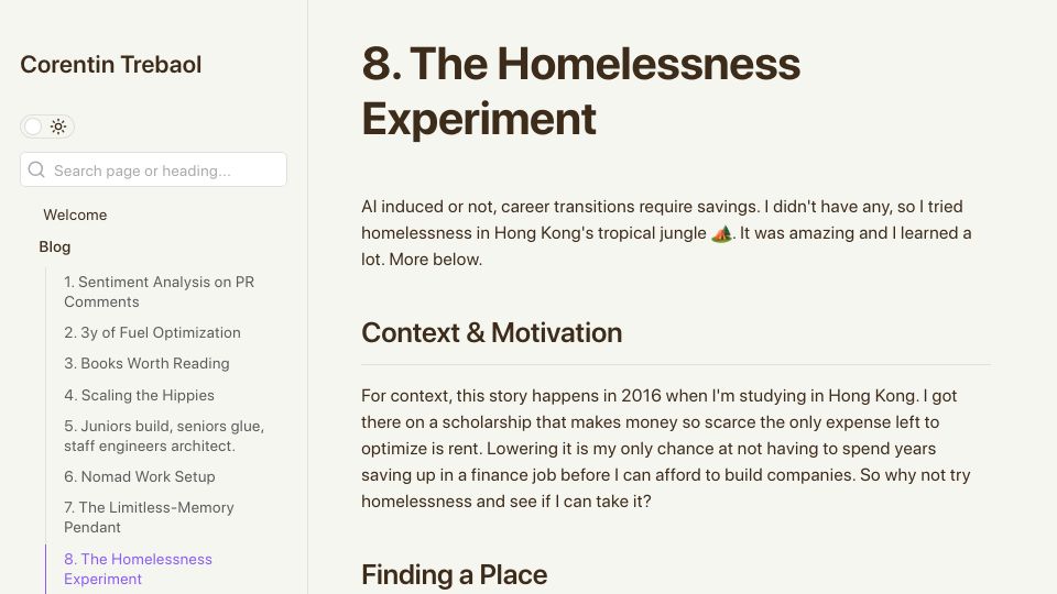Screenshot of corentin.trebaol.com: My experiment living in a tent in Hong Kong's jungle