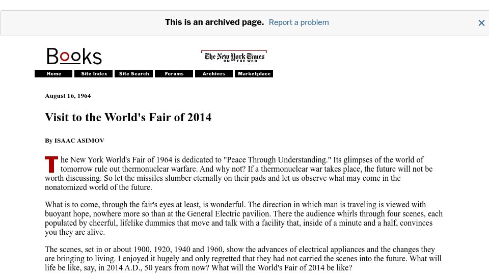 Screenshot of archive.nytimes.com: Asimov and the Disease of Boredom (1964)