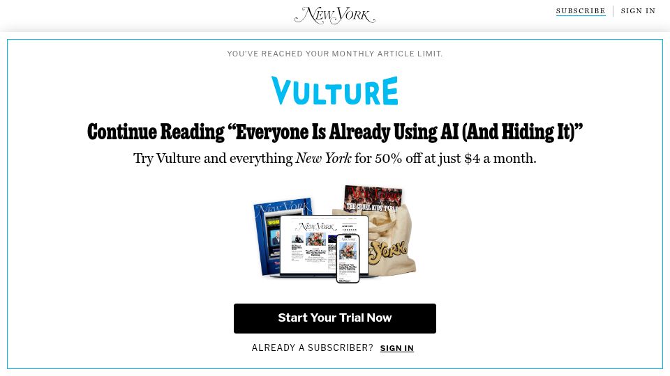 Screenshot of vulture.com: Hollywood Is Already Using AI (and Hiding It)