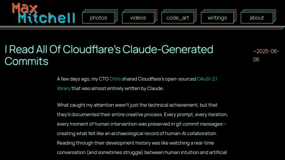 Screenshot of maxemitchell.com: I read all of Cloudflare's Claude-generated commits