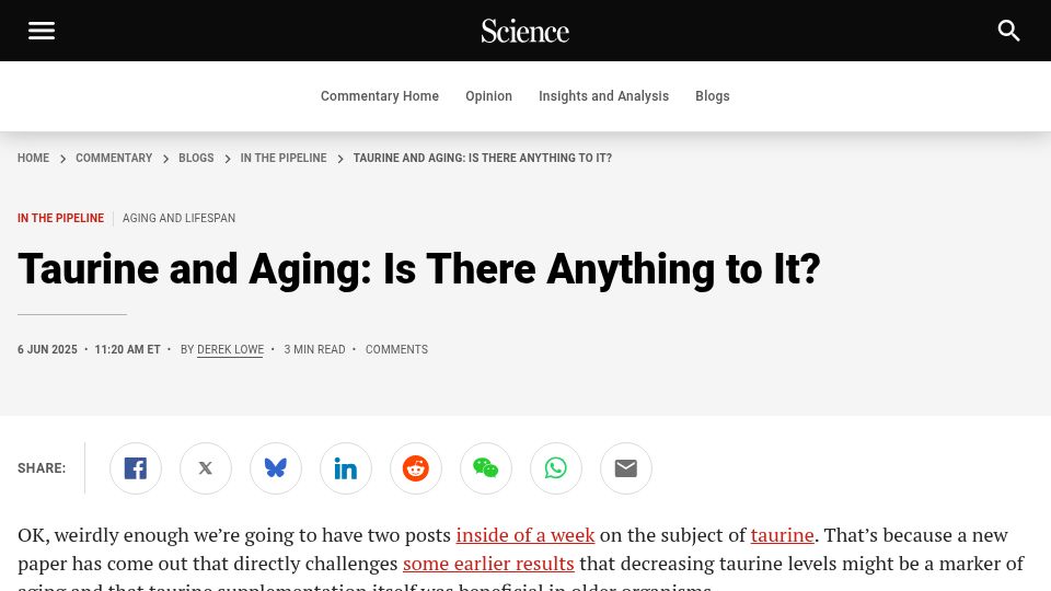 Screenshot of science.org: Taurine and aging: Is there anything to it?