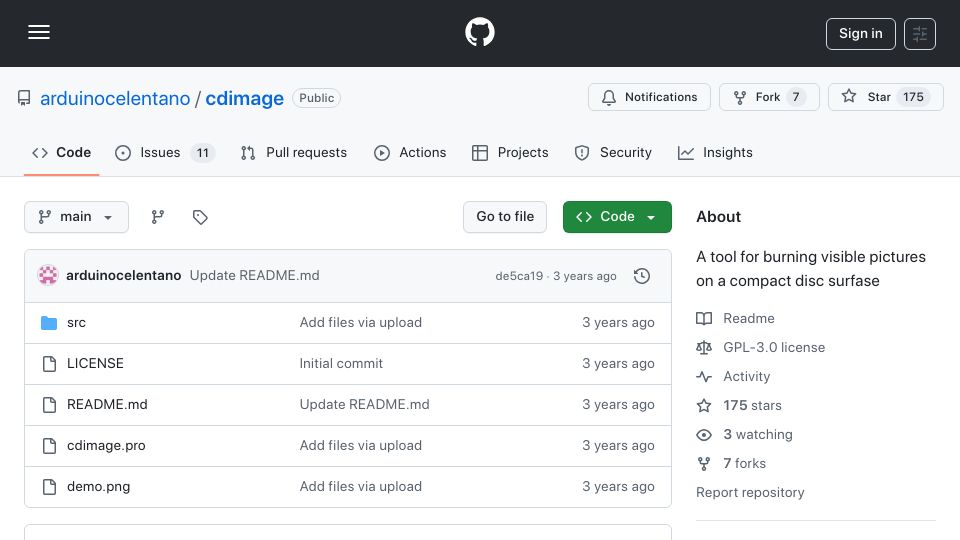 Screenshot of github.com: A tool for burning visible pictures on a compact disc surface (2022)