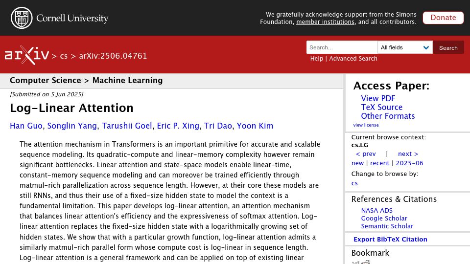 Screenshot of arxiv.org: Log-Linear Attention