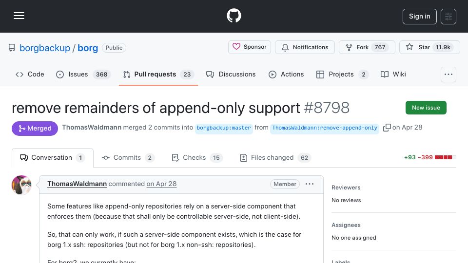 Screenshot of github.com: BorgBackup 2 has no server-side append-only anymore