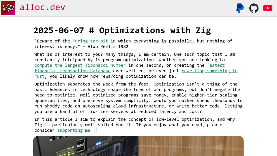 Screenshot of alloc.dev: Low-Level Optimization with Zig
