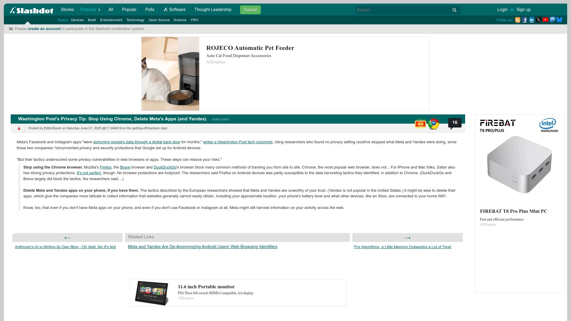 Screenshot of tech.slashdot.org: Washington Post's Privacy Tip: Stop Using Chrome, Delete Meta Apps (and Yandex)