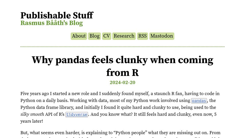 Screenshot of sumsar.net: Why Pandas feels clunky when coming from R (2024)