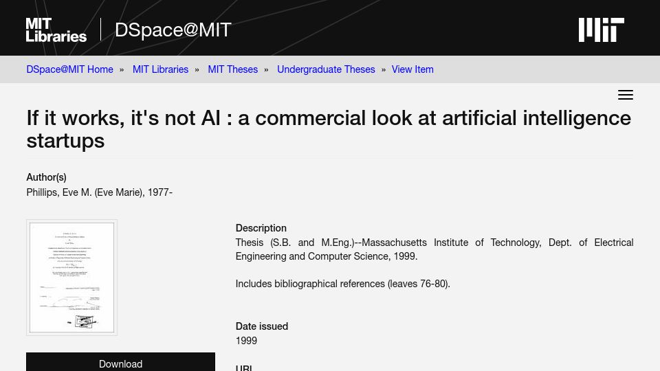 Screenshot of dspace.mit.edu: If it works, it's not AI: a commercial look at AI startups (1999)