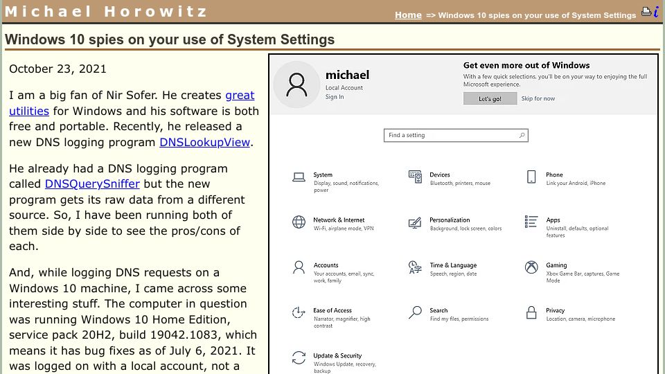 Screenshot of michaelhorowitz.com: Windows 10 spies on your use of System Settings (2021)