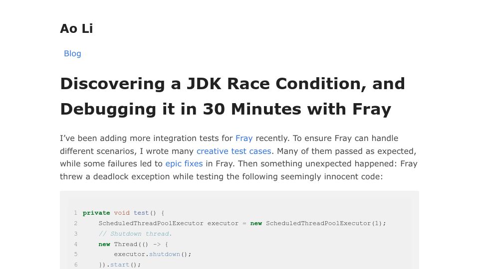Screenshot of aoli.al: Discovering a JDK Race Condition, and Debugging It in 30 Minutes with Fray