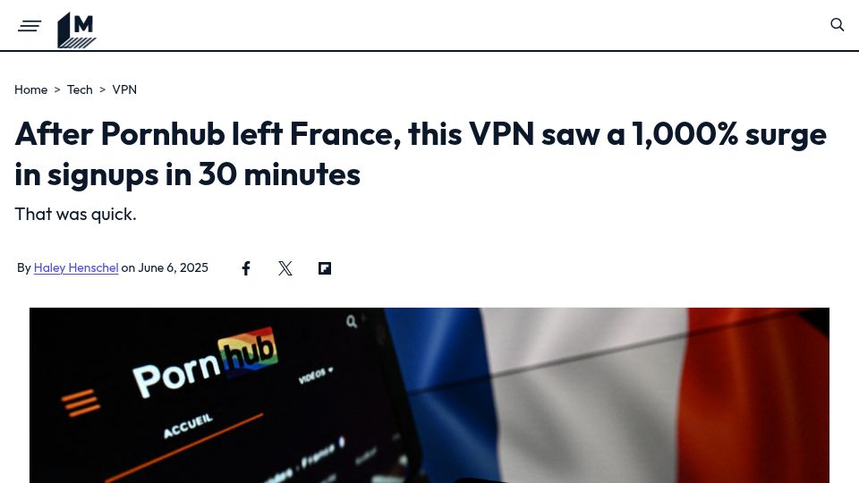 Screenshot of mashable.com: After Pornhub left France, this VPN saw a 1,000% surge in signups in 30 minutes