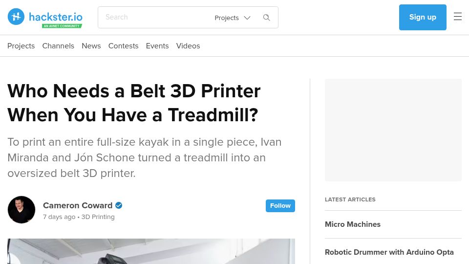 Screenshot of hackster.io: Who Needs a Belt 3D Printer When You Have a Treadmill?