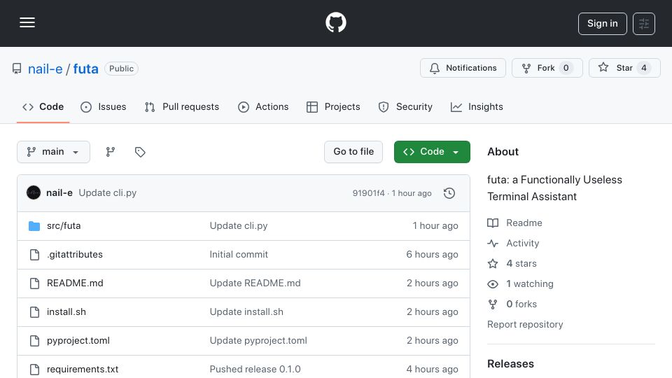 Screenshot of github.com: Futa – A functionally useless AI terminal assistant
