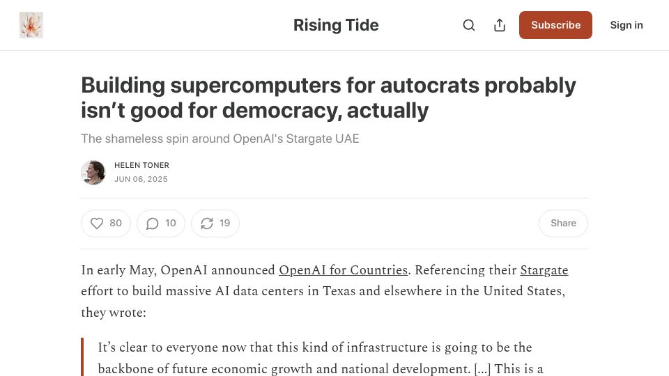 Screenshot of helentoner.substack.com: Building supercomputers for autocrats probably isn't good for democracy