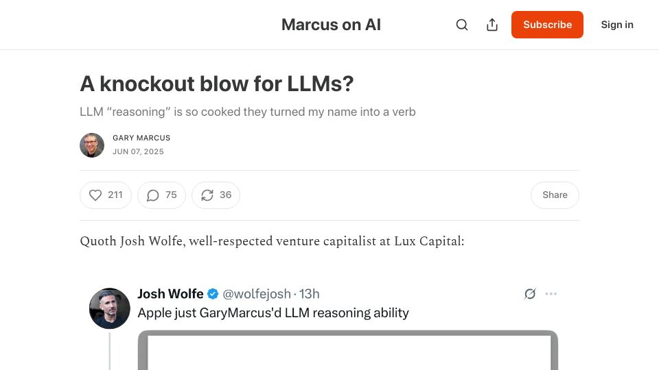 Screenshot of garymarcus.substack.com: A Knockout Blow for LLMs?