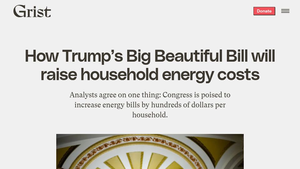 Screenshot of grist.org: Congress is poised to increase energy bills by hundreds of dollars per household