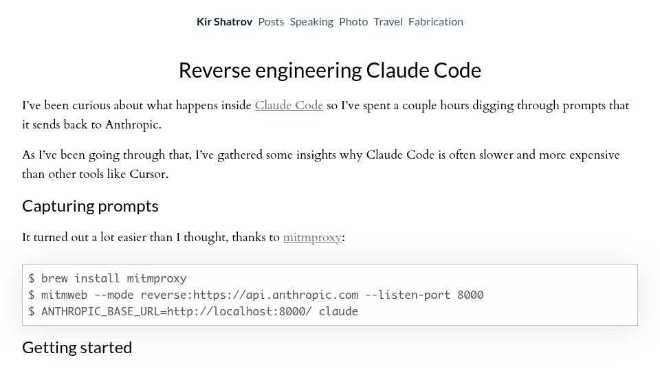 Screenshot of kirshatrov.com: Reverse engineering Claude Code (April 2025)