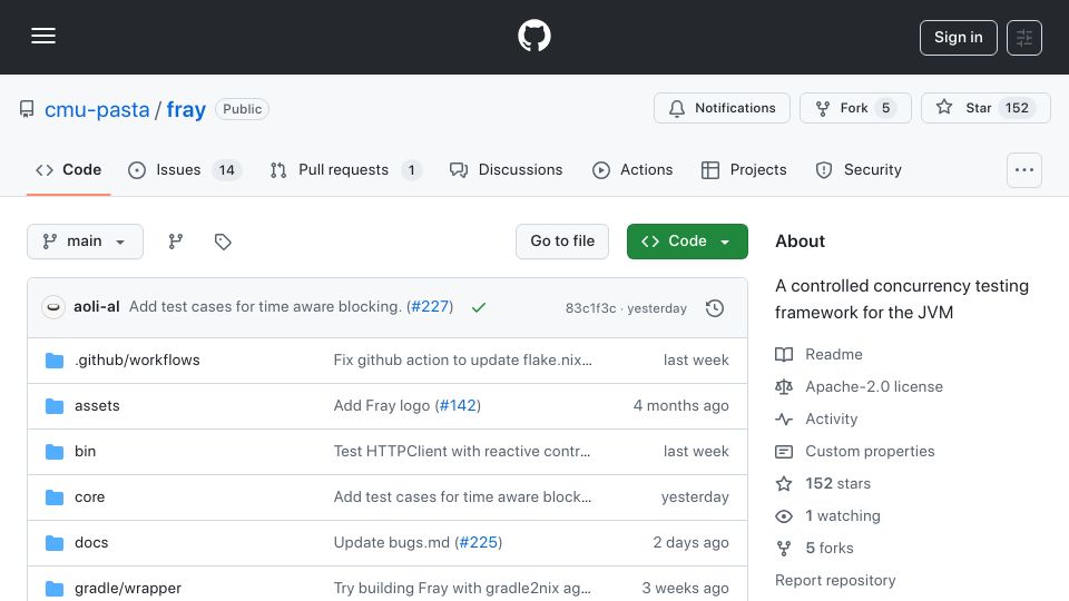 Screenshot of github.com: Fray: A Controlled Concurrency Testing Framework for the JVM
