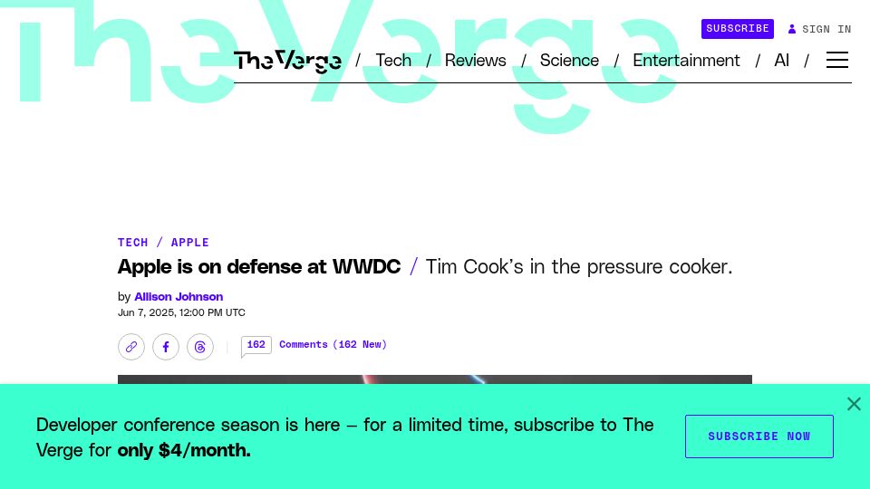 Screenshot of theverge.com: Apple Is on Defense at WWDC
