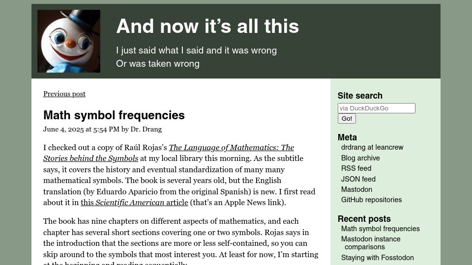 Screenshot of leancrew.com: Math Symbol Frequencies