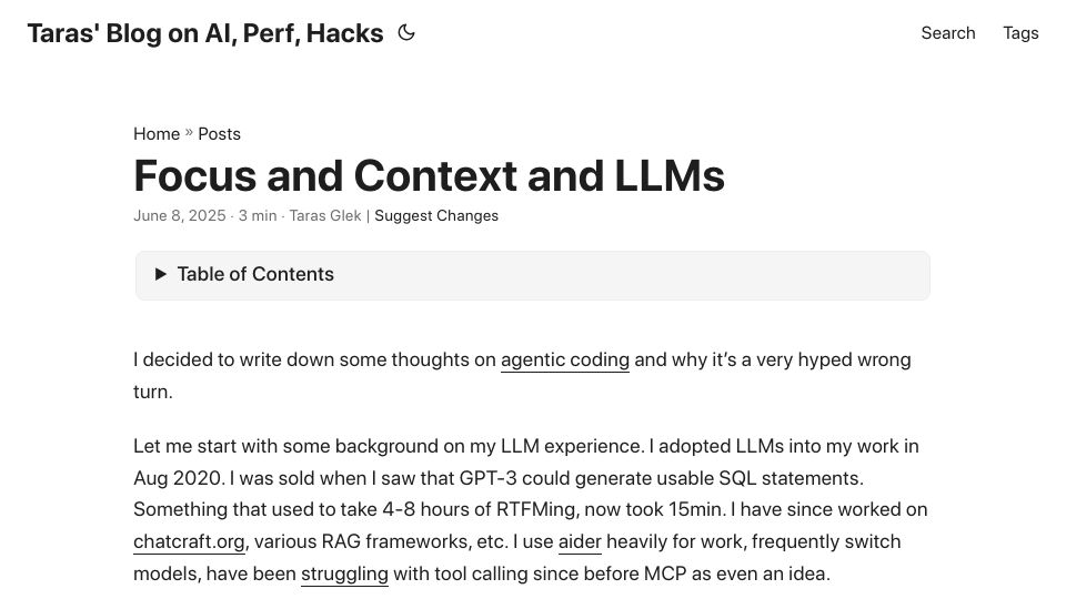 Screenshot of taras.glek.net: Focus and Context and LLMs
