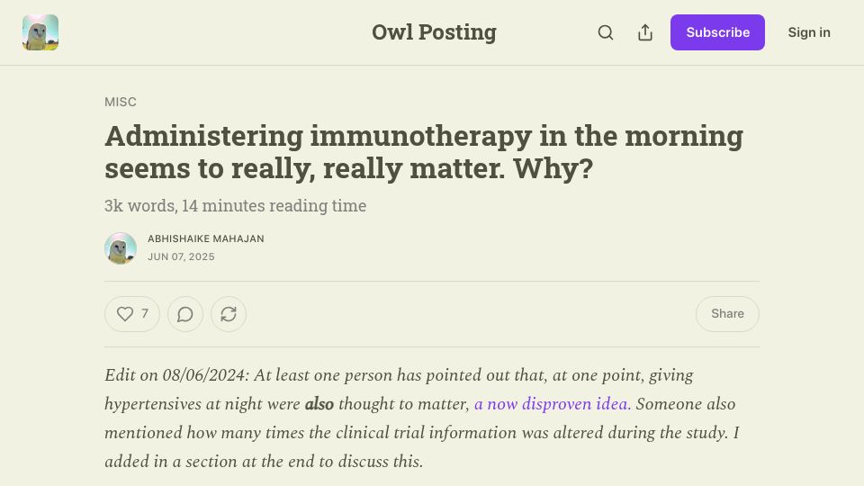 Screenshot of owlposting.com: Administering immunotherapy in the morning seems to matter. Why?