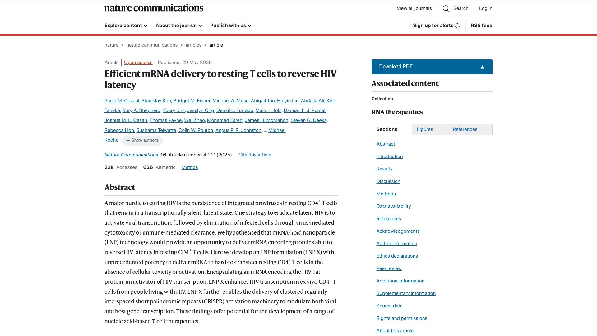 Screenshot of nature.com: Efficient mRNA delivery to resting T cells to reverse HIV latency