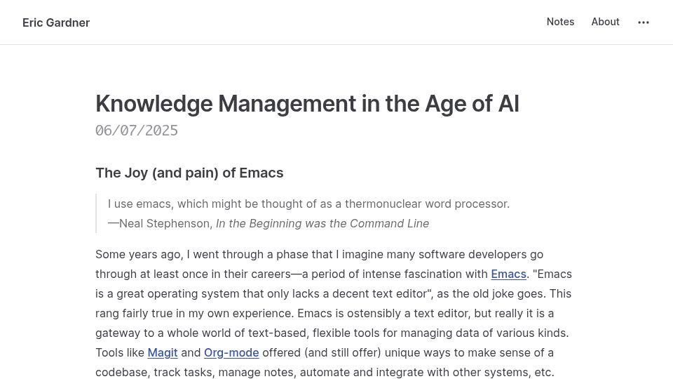 Screenshot of ericgardner.info: Knowledge Management in the Age of AI