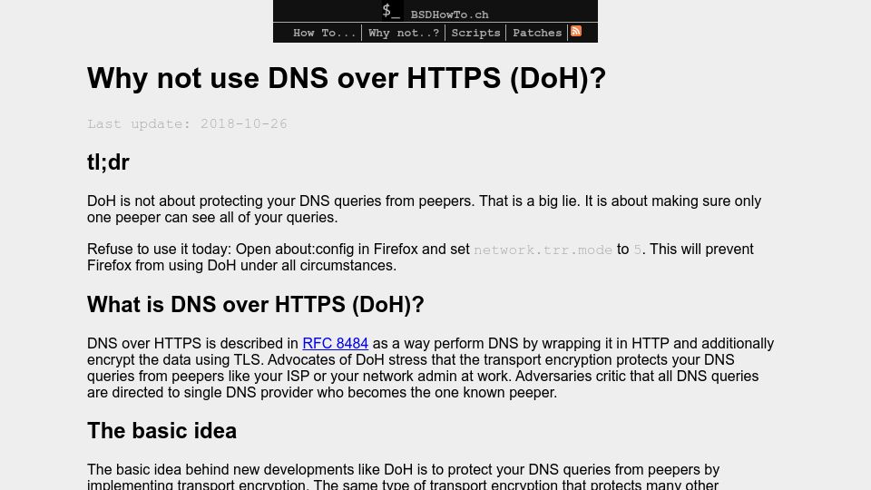 Screenshot of bsdhowto.ch: Why not use DNS over HTTPS (DoH)?