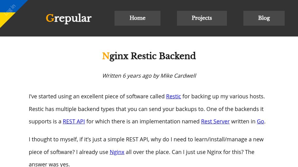 Screenshot of grepular.com: Nginx Restic Back End