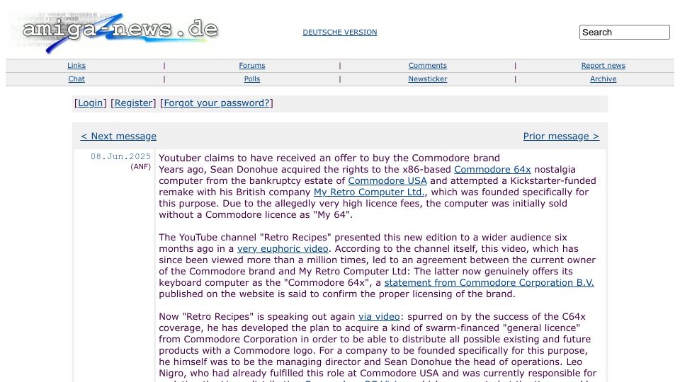 Screenshot of amiga-news.de: YouTuber claims to have received an offer to buy the Commodore brand