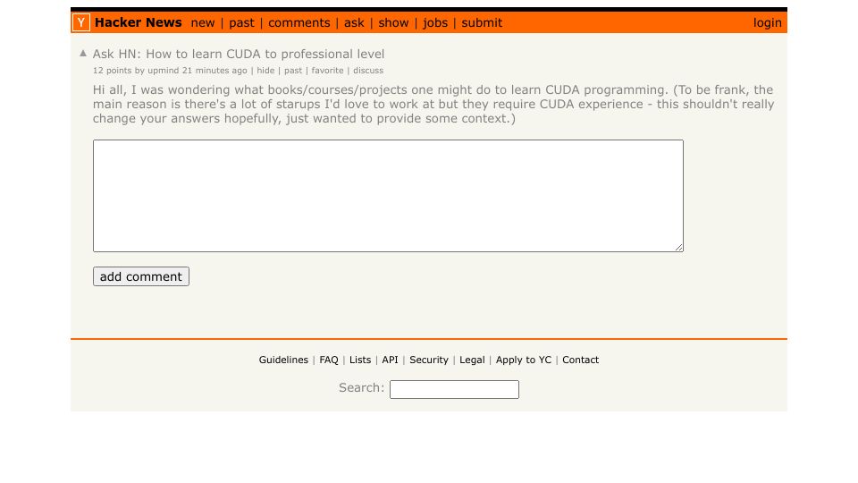 Screenshot of Hacker News post: Ask HN: How to learn CUDA to professional level