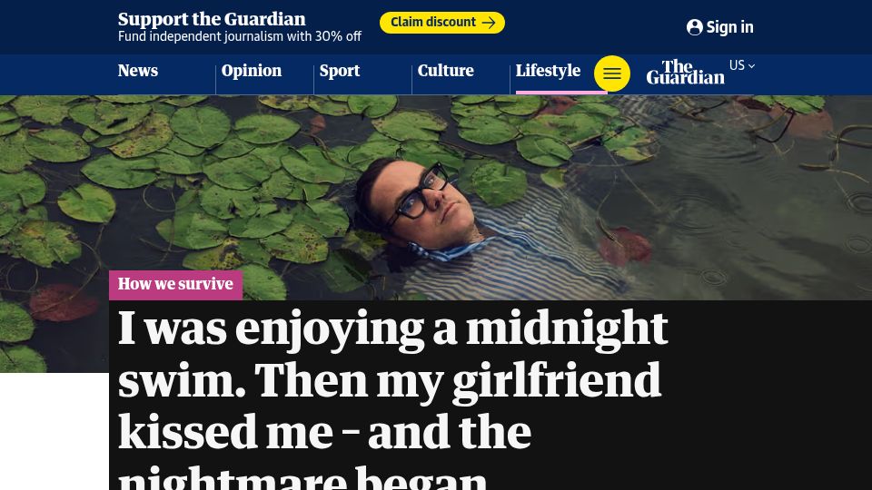 Screenshot of theguardian.com: I was enjoying a midnight swim. My girlfriend kissed me and the nightmare began
